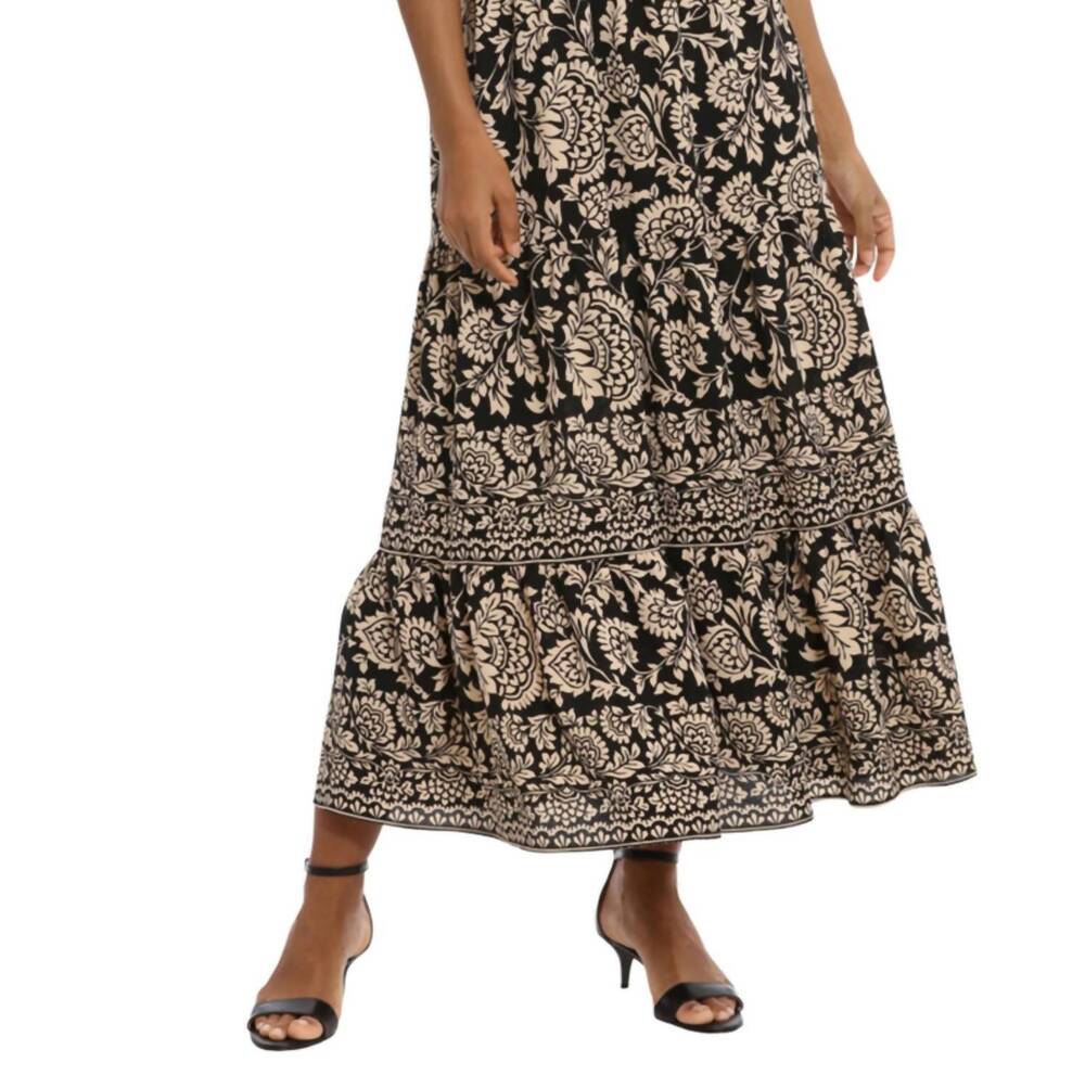 NEW LONDON TIMES floral tiered sleeveless maxi dress in black tan